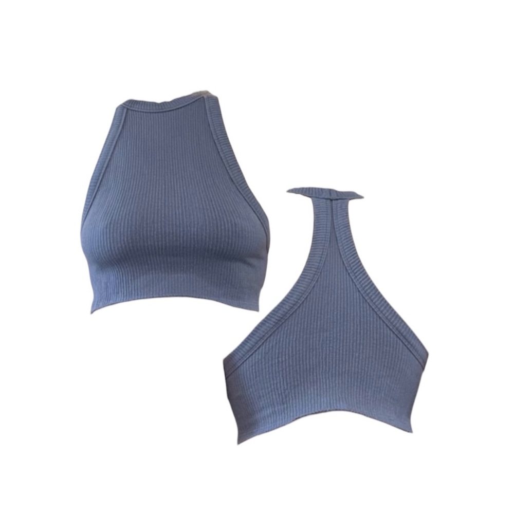 Ribbed Halter Crop Top in Slate Blue